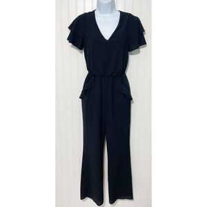 Ali & Jay Jumpsuit Wide Leg Ruffle Accent Surplice V-Neck‎ Short Sleeve Black XS
